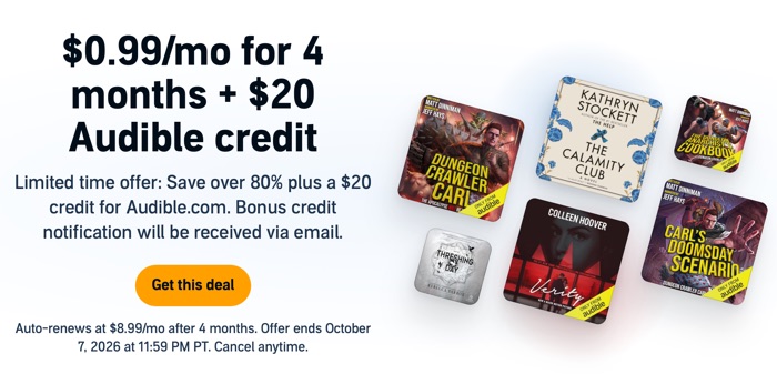 Amazon Audible: $0.99/mo for 4 Months + $20 Audible Credit