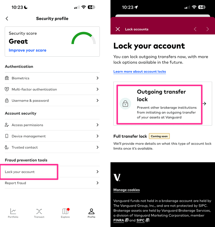 Vanguard Outgoing Transfer Lock (New): Block Fraudulent ACAT Transfer Brokerage Scams